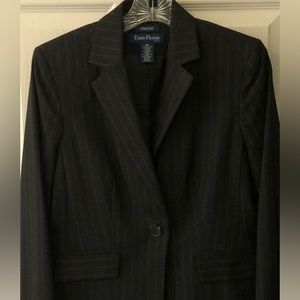 Dark gray (almost black) pinstriped jacket. 8P